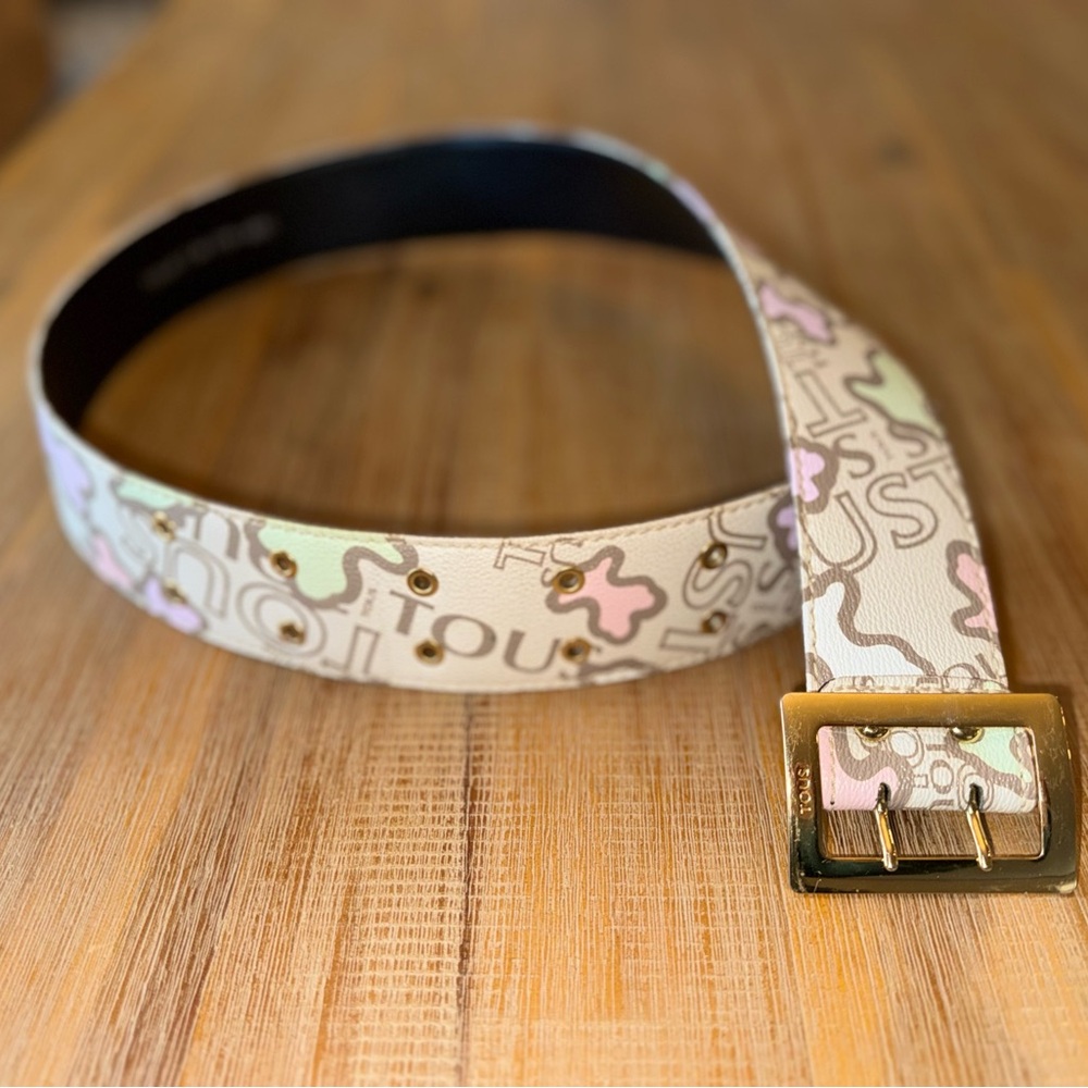 Tous White Leather Logo Belt with Pink & Mint Accents M 75-85
